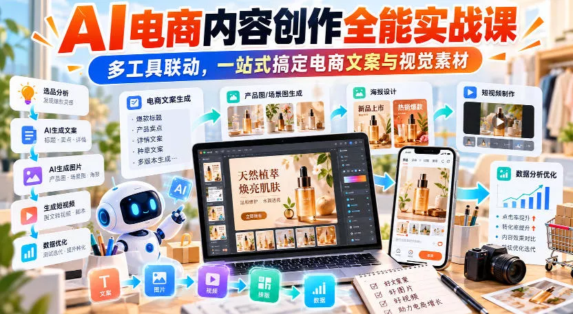 【无水印】AI电商内容创作全能实战课｜多工具联动，一站式搞定电商文案与视觉素材-清欢网创