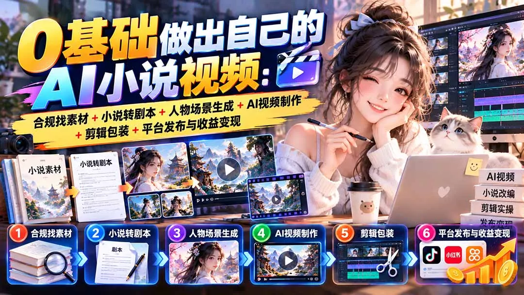 0基础做出自己的AI小说视频：合规找素材+小说转剧本+人物场景生成+AI视频制作+剪辑包装+平台发布与收益变现-清欢网创