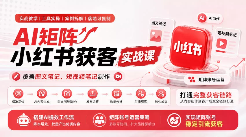 AI矩阵小红书获客实战课，覆盖图文笔记、短视频笔记制作，打通完整获客链路，搭建AI提效工作流，实现矩阵账号稳定引流获客-清欢网创