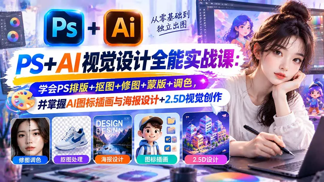 【无水印】PS+AI视觉设计全能实战课：学会PS排版+抠图+修图+蒙版+调色，并掌握AI图标插画与海报设计+2.5D视觉创作-清欢网创