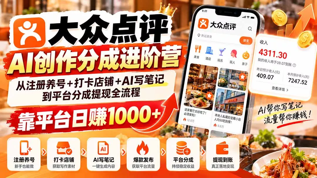 大众点评AI创作分成进阶营：从注册养号+打卡店铺+AI写笔记到平台分成提现全流程，靠平台日赚1000+-清欢网创