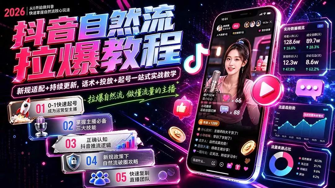 抖音自然流拉爆教程-更新1002：做懂流量的主播，新规适配+持续更新，话术+投放+起号一站式实战教学-清欢网创