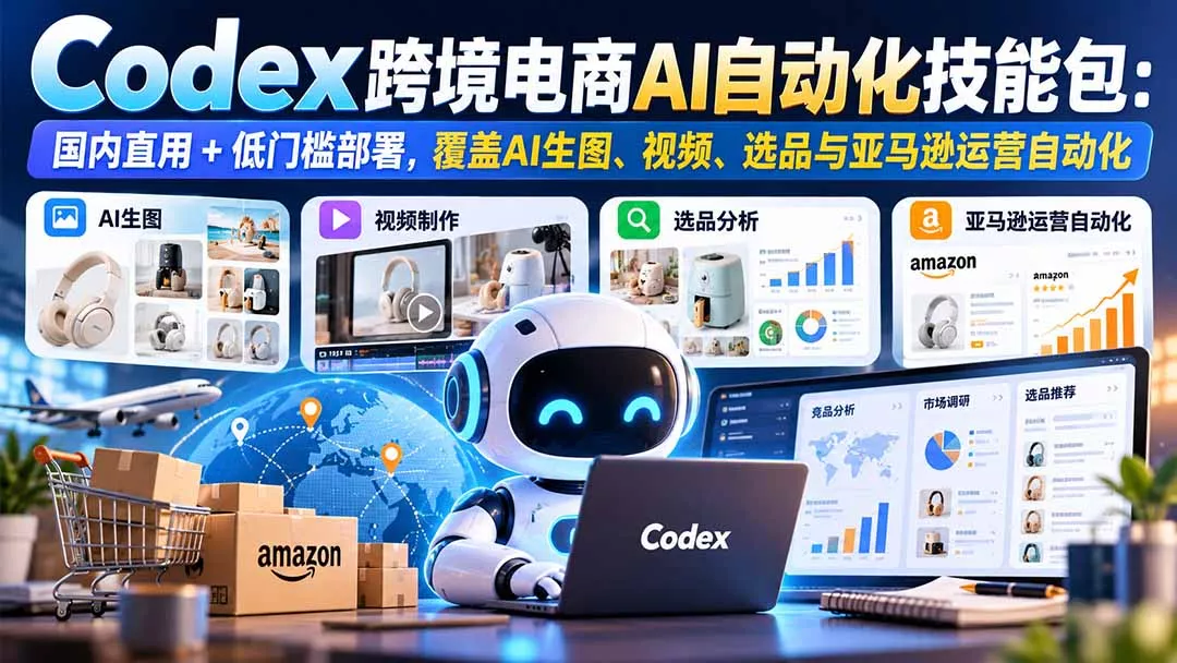【无水印】Codex跨境电商AI自动化技能包：国内直用+低门槛部署，覆盖AI生图、视频、选品与亚马逊运营自动化-清欢网创