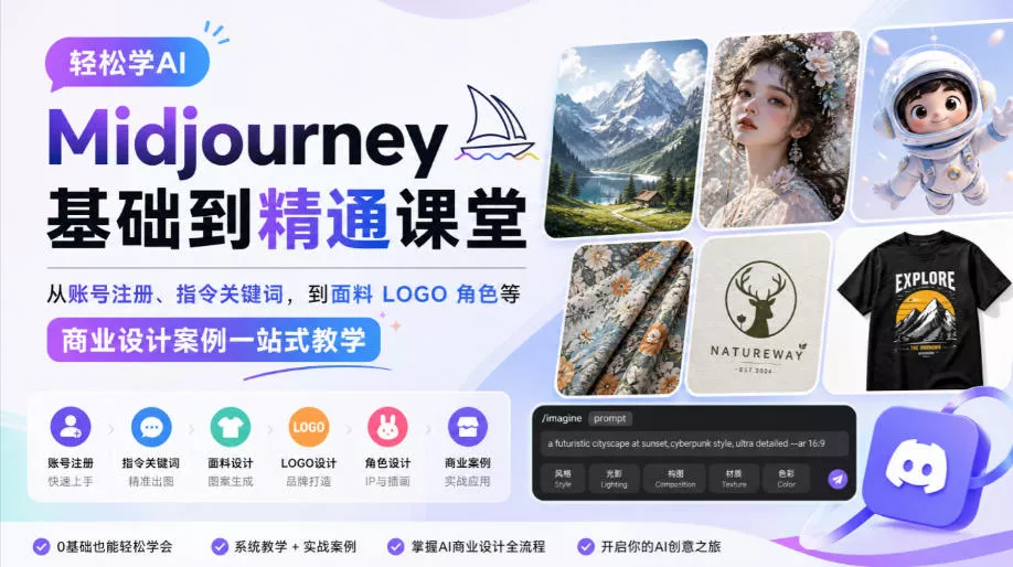 轻松学AI Midjourney基础到精通课堂，从账号注册、指令关键词，到面料LOGO角色等商业设计案例一站式教学-清欢网创